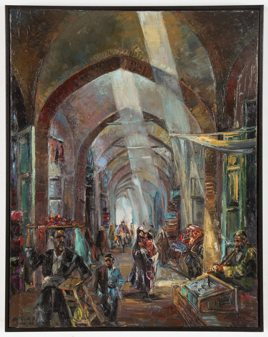 American School (20th c.) Middle Eastern Market: American School (20th c.) Middle Eastern Market, oil on canvas, signed Arthur S. 1964. Size: 31.25" x 23.75", 79 x 60 cm (stretcher); 32.25" x 24.5", 82 x 62 cm (frame). Proceeds from the sale of this