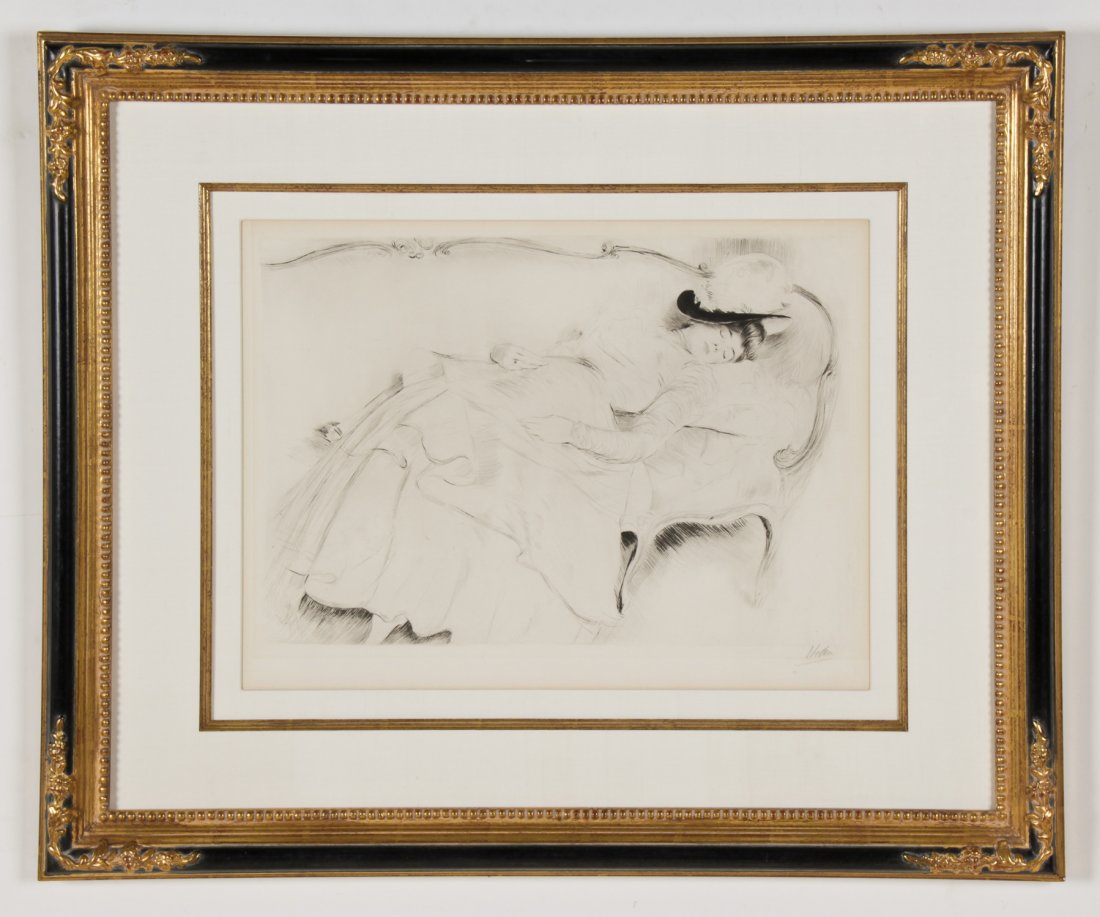 Paul Cesar Helleu (French, 1859-1927) Reclining Lady: Paul Cesar Helleu (French, 1859-1927) Reclining Lady, drypoint, signed in pencil. Size: 15" x 20.5", 38 x 52 cm (sight); 27" x 33", 69 x 84 cm (frame).