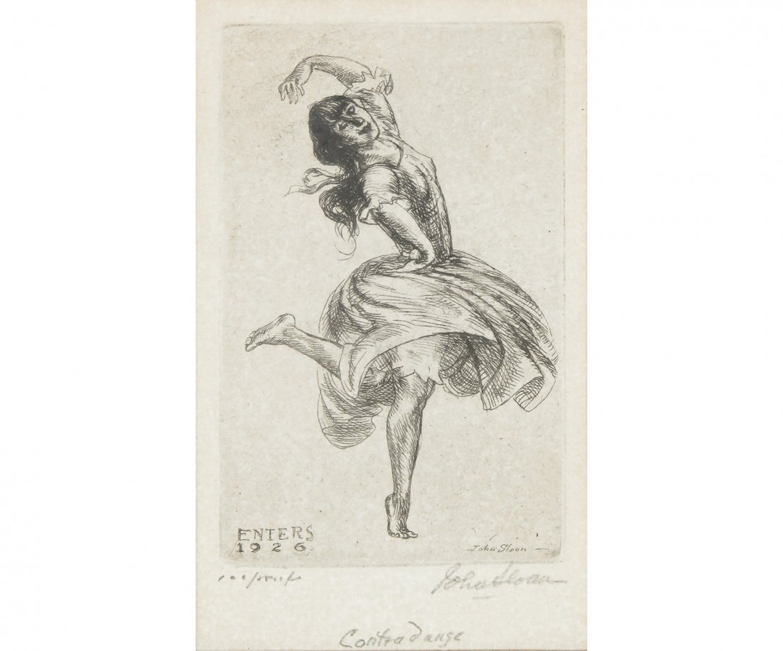 John French Sloan (American, 1871-1951) Miss Angna: John French Sloan (American, 1871-1951) Miss Angna Enters, 1926, etching. Size: 4.5" x 2.75", 11 x 7 cm (sight); 15" x 12.25", 38 x 31 cm (frame).