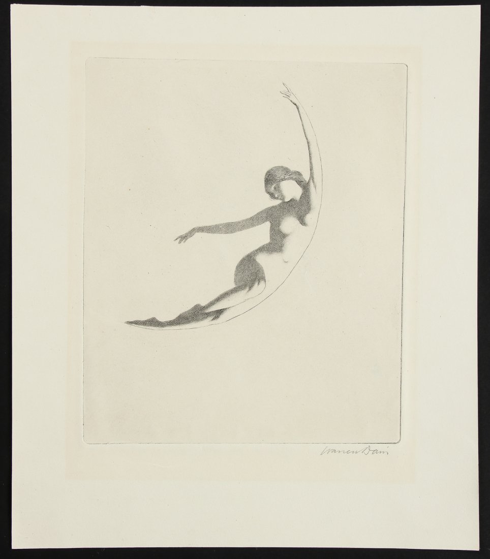 Warren B. Davis (American, 1865-1928) Engraving: Warren B. Davis (American, 1865-1928) Engraving, depicting a Nymph in the form of a crescent moon. Size: 11.5" x 10", 29 x 25 cm (sheet), 8.25" x 6.75", 21 x 17 cm (image)