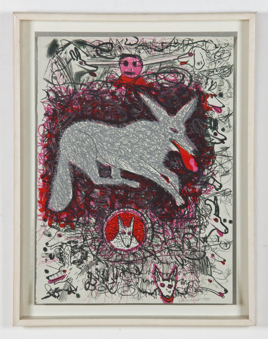 Roy De Forest (American, 1930-2007) Coyote: Roy De Forest (American, 1930-2007) Coyote, 1981, lithograph, signed, from an edition of 125. Size: 30" x 22", 76 x 56 cm (sheet); 35" x 27.5", 89 x 70 cm (frame).