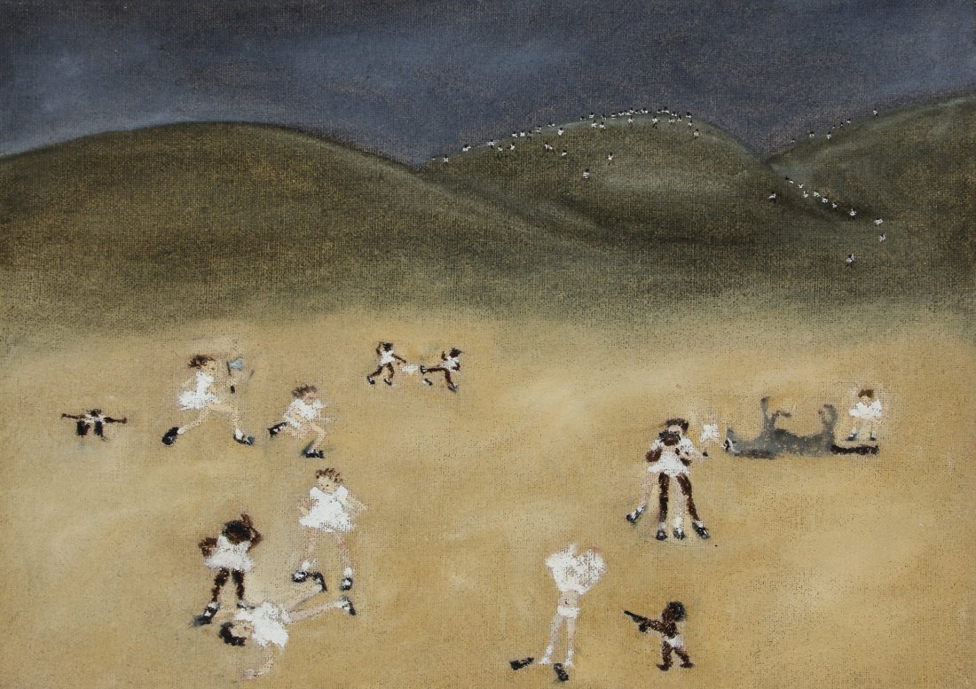 Kim Dingle (American, b. 1951) Fighting Girls: Kim Dingle (American, b. 1951) Fighting Girls, oil on canvas, 1993, signed on reverse. Provenance: Blum and Poe Gallery, Los Angeles, CA. Size: 10" x 14", 25 x 36 cm (stretcher).