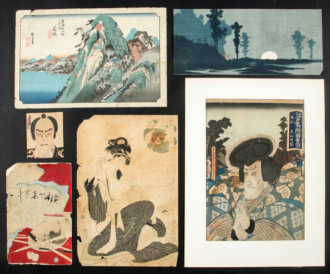 6 Old Japanese Woodblock Prints: 6 Old Japanese Woodblock Prints, by various artists including Ando Hiroshige, 11 Hakone from The Fifty-Three Stations of the Tokaido and others including a breast feeding woman and landscape. Ranging 