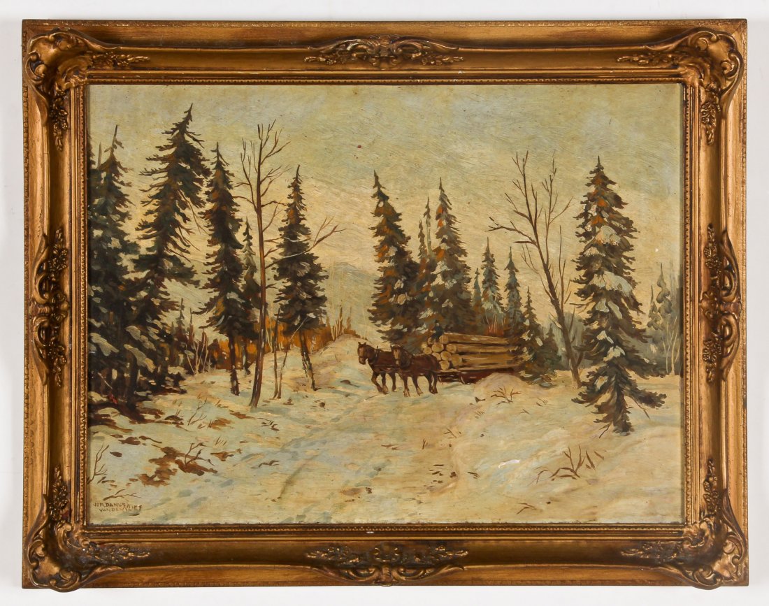 Jordanus van der Vliet, Logging, The Laurentians: Jordanus van der Vliet (Dutch/Canadian 1891-1962) Logging, The Laurentians, oil painting on panel. Size: 14.5" x 19.5", 37 x 50 cm (sight); 18.5" x 23.5", 47 x 60 cm (frame).