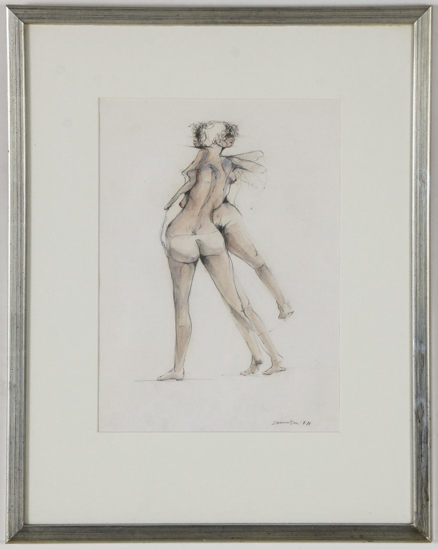 Bruce Samuelson (American, 20th c.) Nude, mixed media: Bruce Samuelson (American, 20th c.) Nude, mixed media drawing on paper. Size: 15" x 11", 38 x 28 cm (sight); 24.25" x 19.25", 62 x 49 cm (frame).