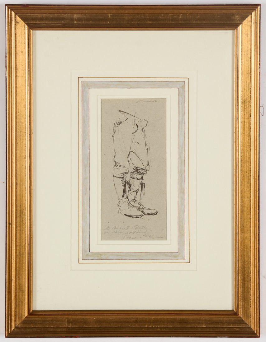 Attributed to Frederic Remington (American 1861-1909): Attributed to Frederic Remington (American 1861-1909), Study of a Man's Legs, sepia ink on paper. Size: 8" x 3.75", 20 x 10 cm (sight); 18.25" x 14", 46 x 36 cm (frame). Provenance: A New York gentlem