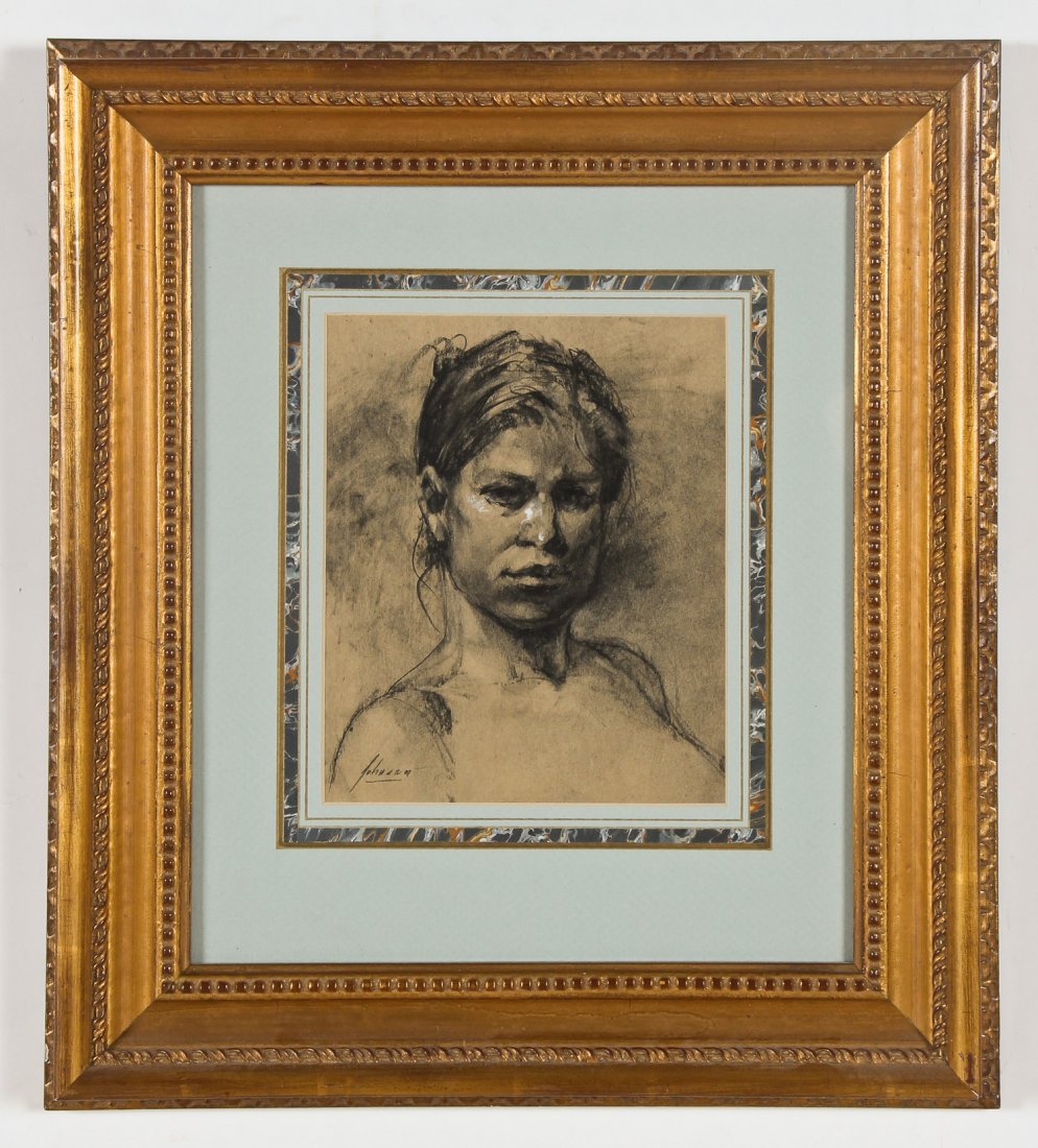 Manner of Frank Tenney Johnson (American, 1874-1939): Manner of Frank Tenney Johnson (American, 1874-1939) Portrait of a Woman, charcoal drawing on paper. Size: 8.5" x 7", 22 x 18 cm (sight); 18.5" x 16.5", 47 x 42 cm (frame).