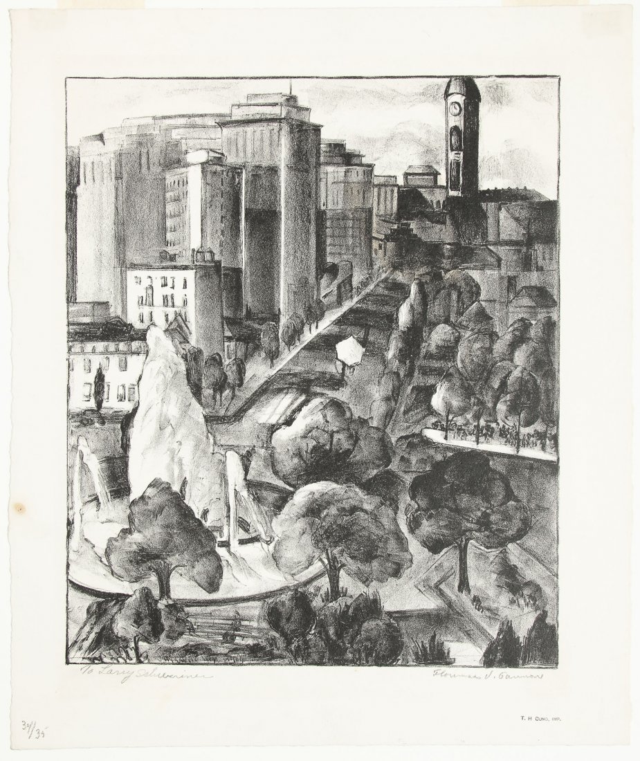 Unknown Artist (American, 20th c.) WPA Era Cityscape: Unknown Artist (American, 20th c.) WPA Era Cityscape, lithograph, from an edition of 35, signed illegibly. Printed by Cuno. Size: 15" x 12.5", 38 x 32 cm (sheet).