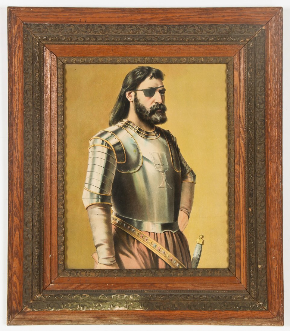 Chromolithographic Portrait of a Man: Chromolithographic Portrait of a Man, in a suit of armor. Size: 19.5" x 15.5", 50 x 39 cm (sight); 30" x 26.25", 76 x 67 cm (frame). Proceeds from the sale of this item to benefit the Sterling Strause