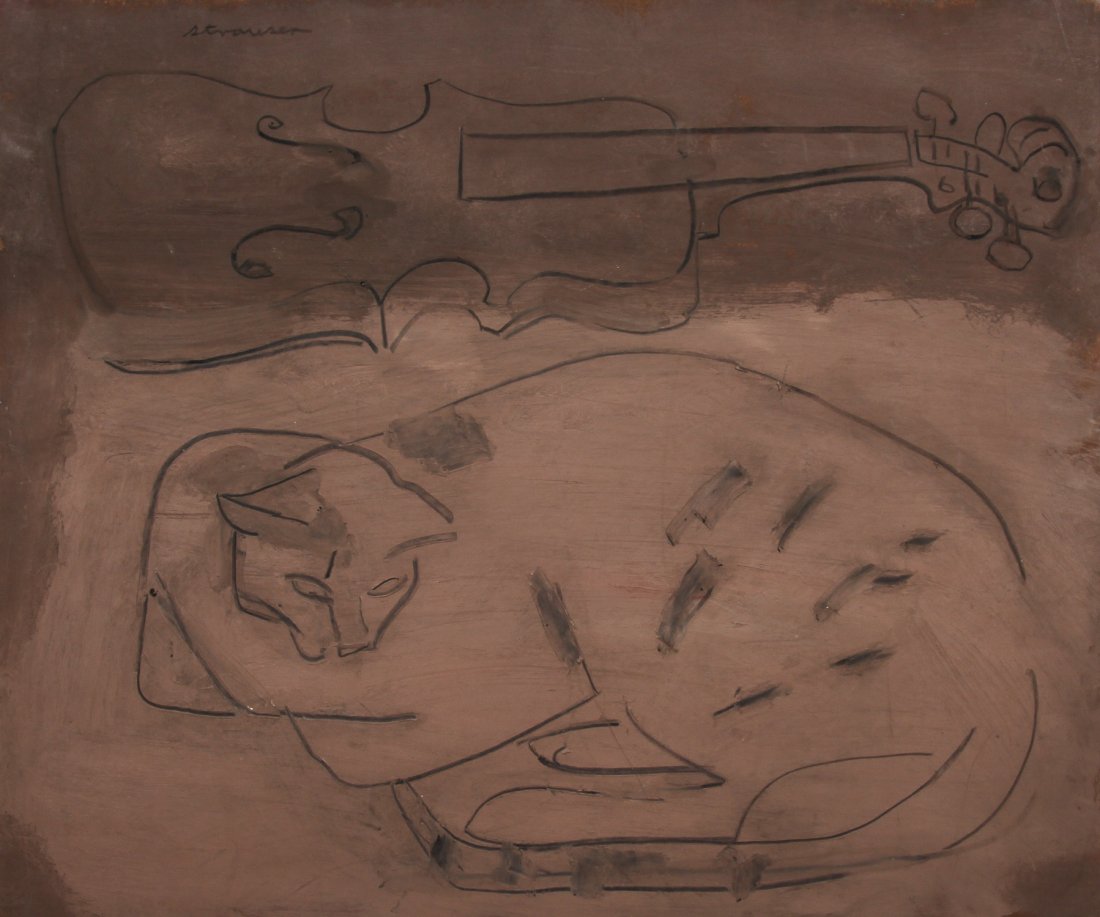 Sterling Strauser (American, 1907-1995) The Cat and the: Sterling Strauser (American, 1907-1995) The Cat and the Fiddle, oil painting on masonite. Size: 20" x 24" (51 x 61 cm). Proceeds from the sale of this item to benefit the Sterling Strauser Gallery at 