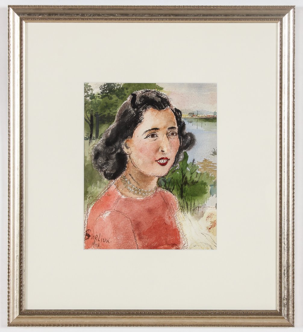 David Burliuk (American/Ukrainian 1882-1967) Portrait: David Burliuk (American/Ukrainian 1882-1967) Woman with Pearls, Watercolor on Paper, 1943. Size: 10" x 8", 25 x 20 cm (sight); 19" x 17", 48 x 43 cm (frame). Provenance: A New York gentleman's collect