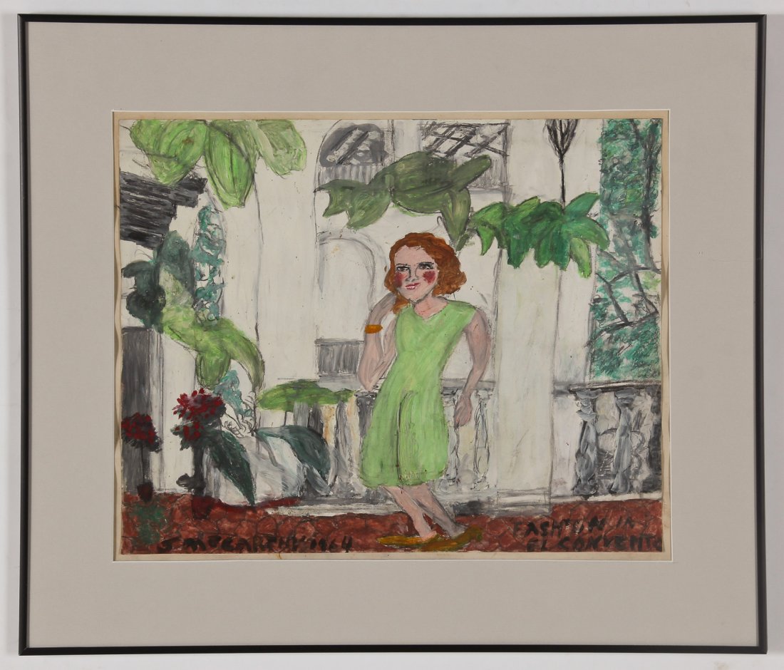 Justin McCarthy (American, 1892-1977) Fashion in El: Justin McCarthy (American, 1892-1977) Fashion in El Convento, 1964, mixed media painting. Size: 16" x 20", 41 x 51 cm (sheet); 23.25" x 27.25", 59 x 69 cm (frame).