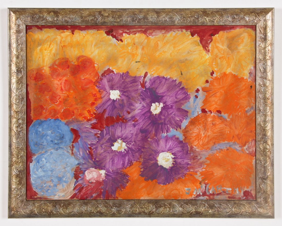 Justin McCarthy (American, 1892-1977) Floral Painting: Justin McCarthy (American, 1892-1977) Floral, oil painting on board. Size: 18" x 23.75", 46 x 60 cm (sight); 21.5" x 27.25", 55 x 69 cm (frame). Proceeds from the sale of this item to benefit the Ster