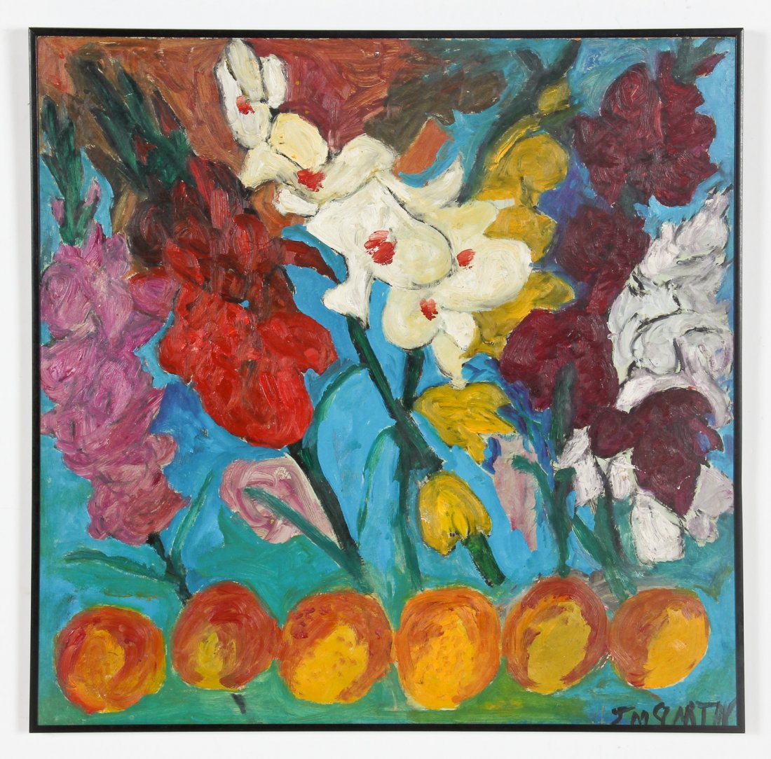 Justin McCarthy (American, 1892-1977) Flowers and Fruit: Justin McCarthy (American, 1892-1977) Flowers and Fruit, c. 1960s, oil painting on masonite. Size: 24" x 24", 61 x 61 cm (board); 24.25" x 24.25", 62 x 62 cm (frame).