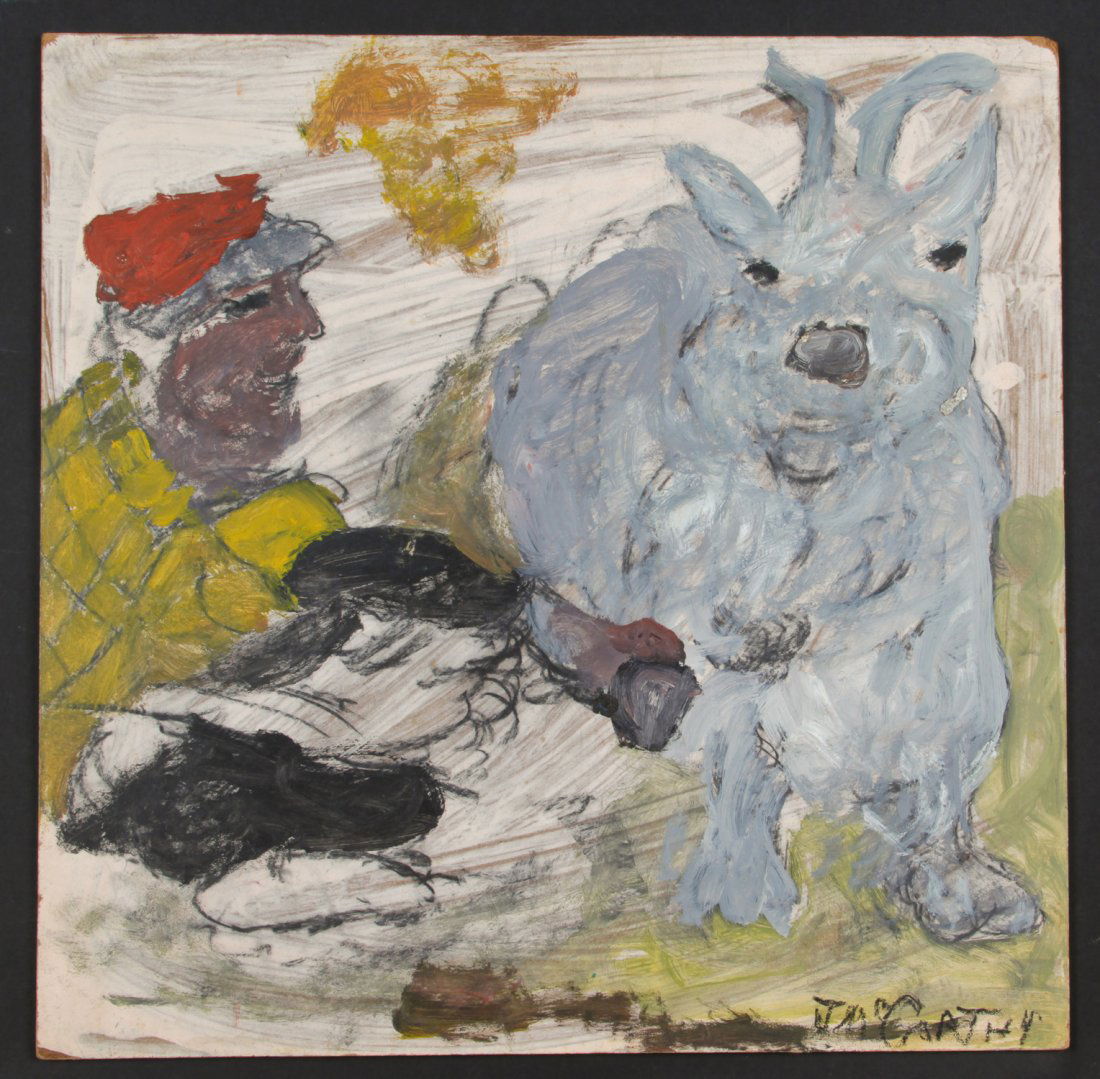 Justin McCarthy (American, 1892-1977) Painting: Justin McCarthy (American, 1892-1977) Woman with a Large Animal, mixed media on board. Size: 18" x 18", 46 x 46 cm (board).