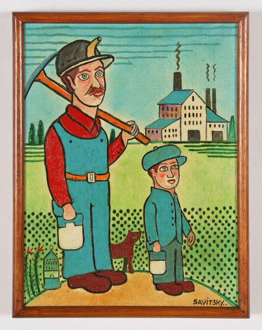 Jack Savitsky (American 1910-1991) Miner: Jack Savitsky (American 1910-1991) A Miner and his Son, oil painting. Size: 11.5" x 8.5", 29 x 22 cm (sight); 12.5" x 9.5", 32 x 24 cm (frame).