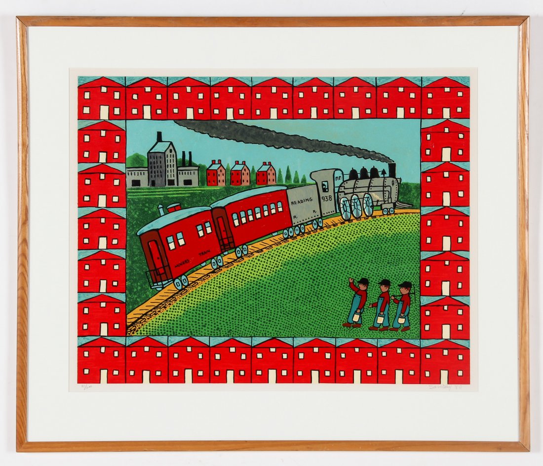 Jack Savitsky (American 1910-1991) Reading Train,: Jack Savitsky (American 1910-1991) Reading Train, Print, 1980. Numbered 81/300. Size: 23.25" x 29.5", 59 x 75 cm (sight); 31" x 36.75", 79 x 93 cm (frame). Provenance: A New York gentleman's collectio