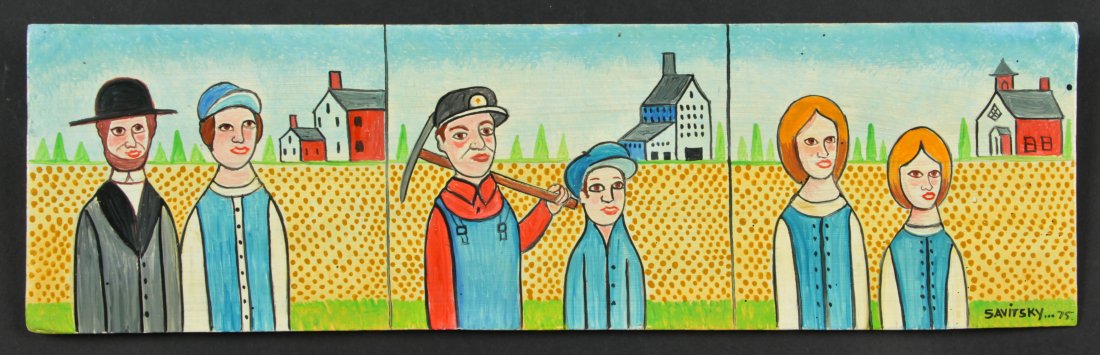 Jack Savitsky (American 1910-1991) Town People: Jack Savitsky (American 1910-1991) Town People, oil on panel. Size: 6" x 20.5", 15 x 52 cm (board).