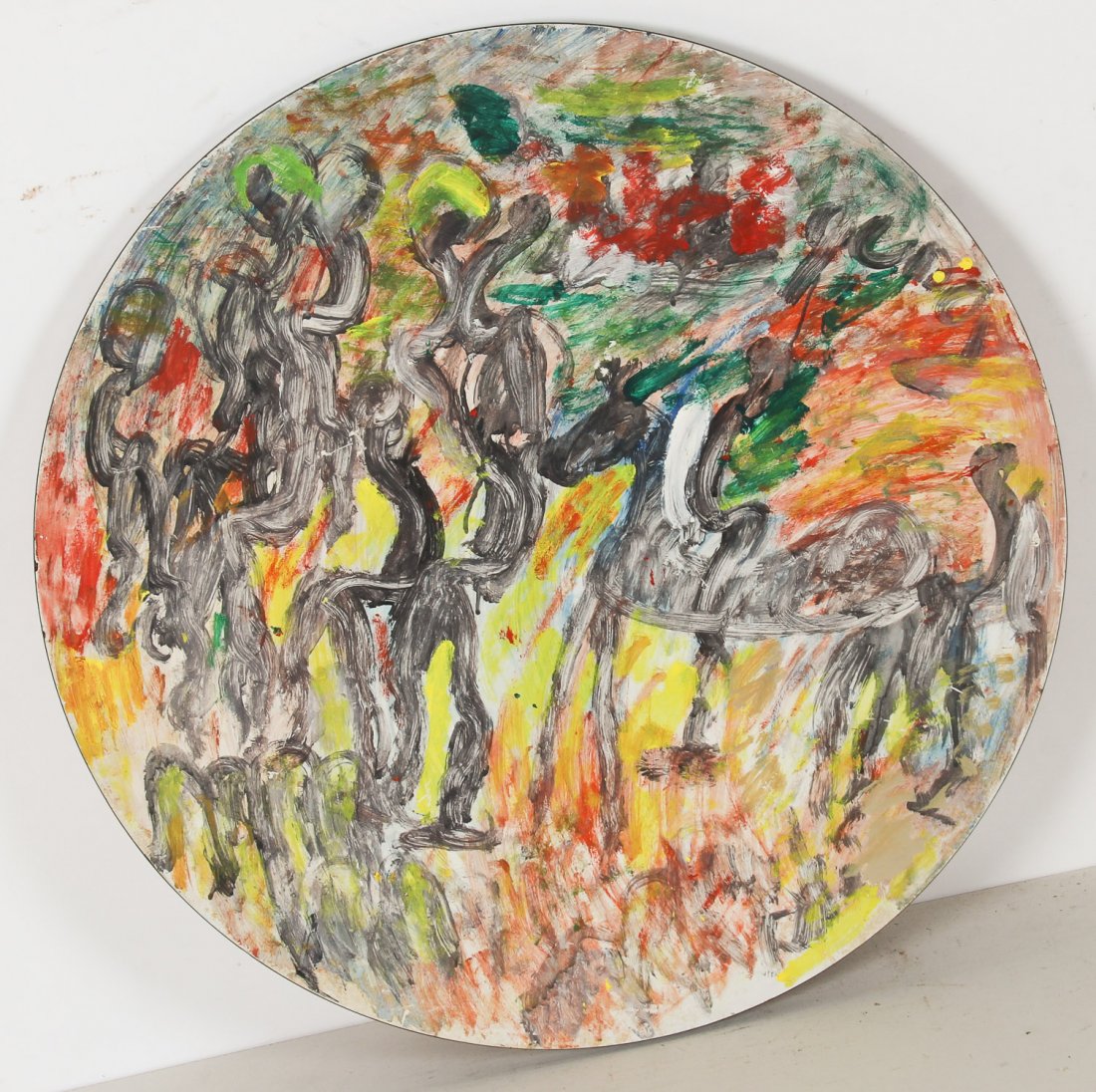 Purvis Young (American, 1943-2010) Painting on Table: Purvis Young (American, 1943-2010) Painting on Table Top, mixed media. Size: 36" x 36" (91 x 91 cm). Proceeds from the sale of this item to benefit the Sterling Strauser Gallery at East Stroudsburg Un