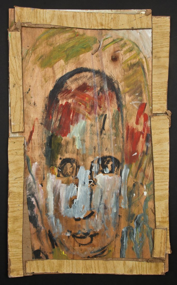 Purvis Young (American, 1943-2010) Portrait: Purvis Young (American, 1943-2010) Portrait, mixed media painting. Size: 26.5" x 16", 67 x 41 cm (board). Proceeds from the sale of this item to benefit the Sterling Strauser Gallery at East Stroudsbu