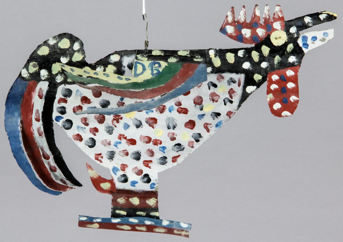 David Butler (1898-1997) Rooster, c. 1970s: David Butler (American, 1898-1997) Rooster, c. 1970s, painted cut tin, signed. Size: 25" x 18" x 12" (64 x 46 x 30 cm).