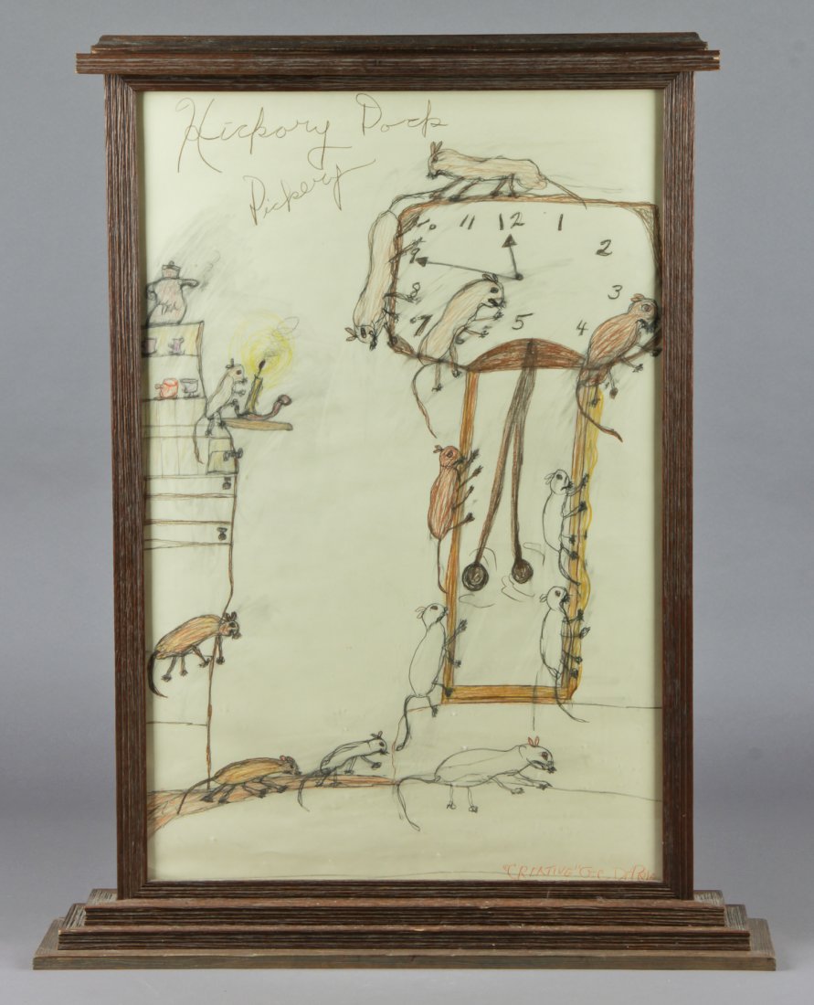 Gerald "Creative" DePrie (American, 1935-1999): Gerald "Creative" DePrie (American, 1935-1999) Hickory Dickory Dock, mixed media drawing on paper, in an artist's frame. Size: 35.5" x 23.25", 90 x 59 cm (sight); 41.5" x 33" x 7.75", 105 x 84 x 20 cm