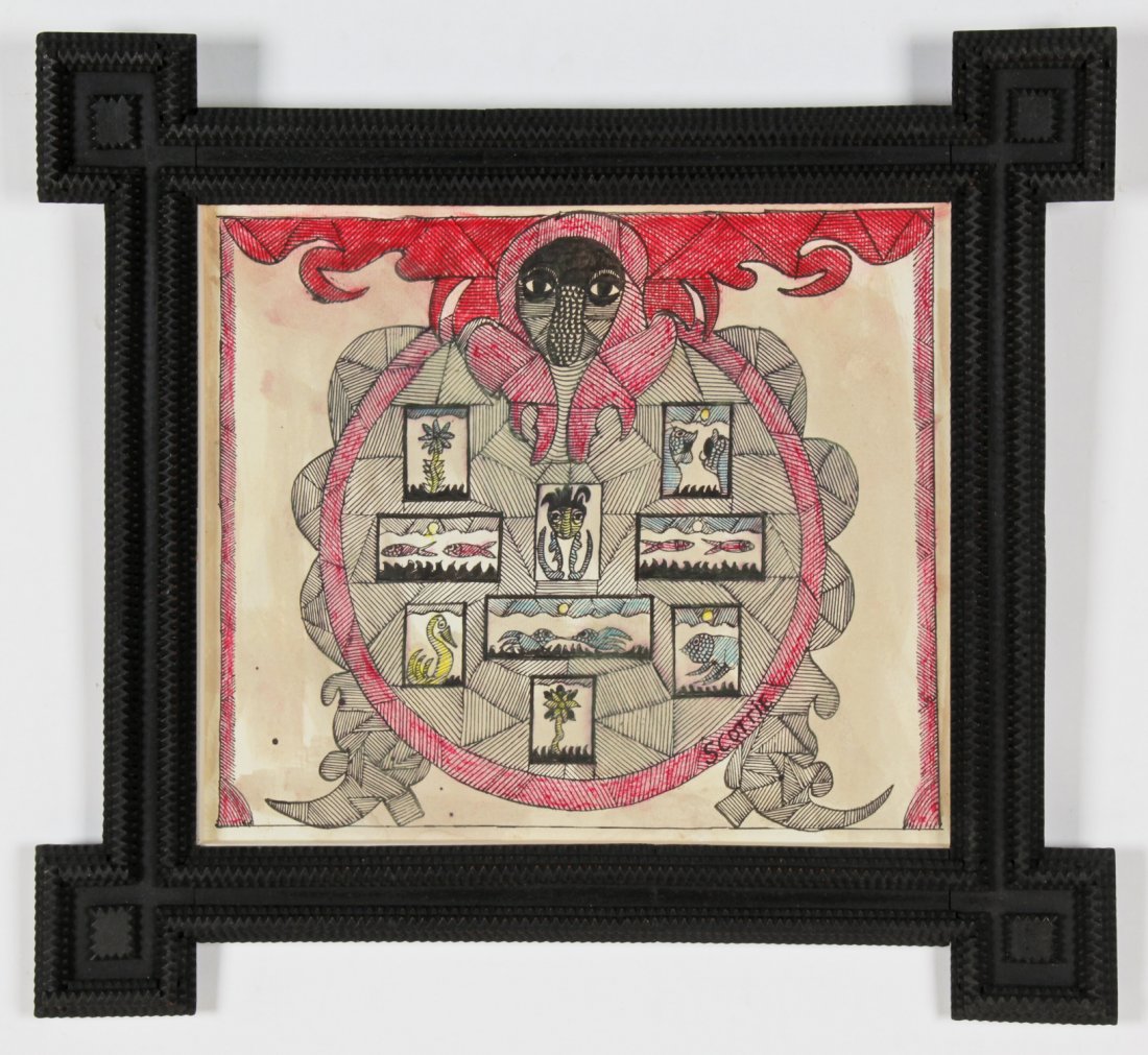 Scottie Willson (1889-1972) Drawing: Scottie Willson (1889-1972) Drawing, untitled, signed, ink on paper, in a tramp art style frame. Size: 11" x 13.5", 28 x 34 cm (sight); 17" x 19.25", 43 x 49 cm (frame).