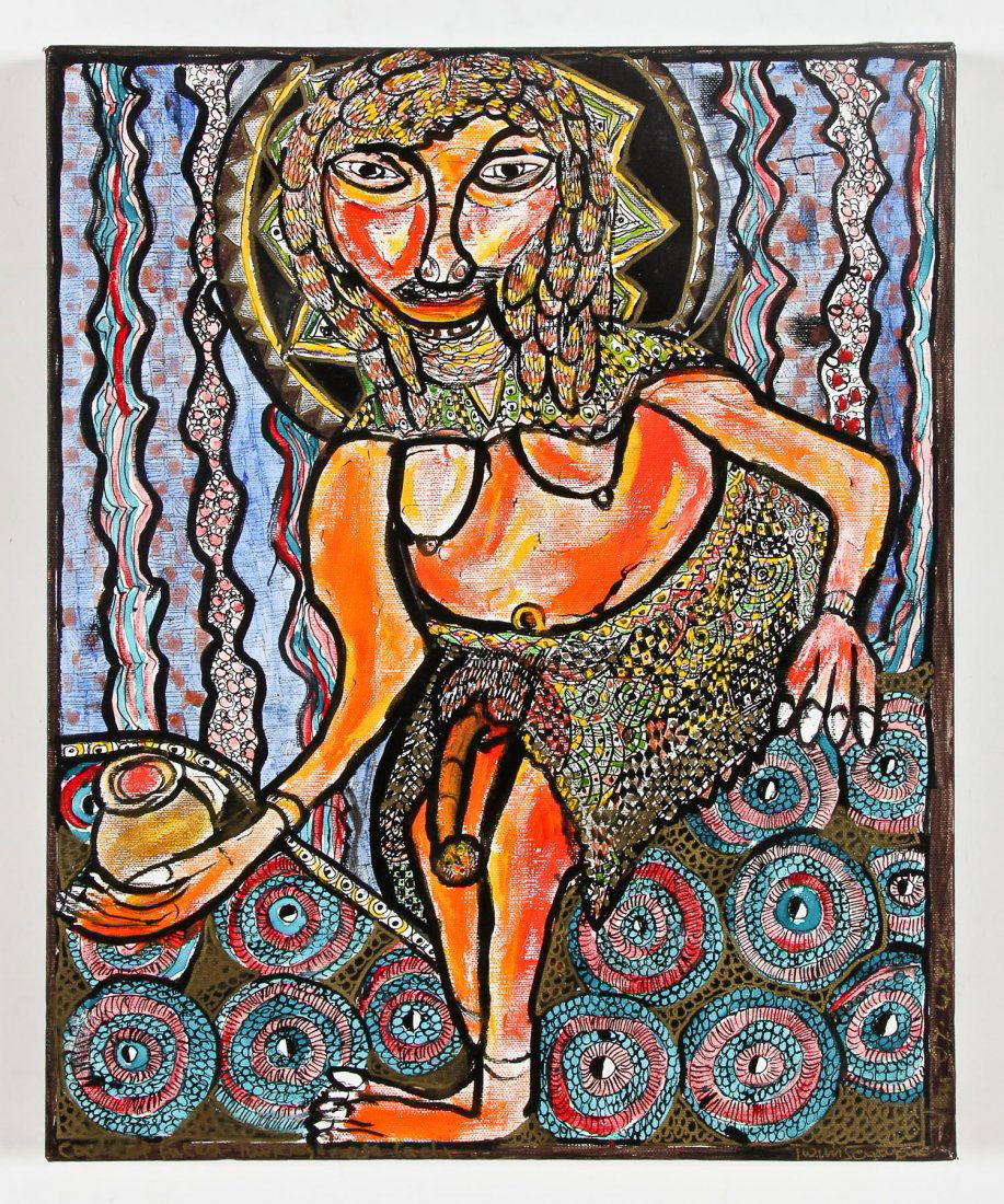 Prince Twins Seven Seven (Nigerian, 1944-2011): Prince Twins Seven Seven (Nigerian, 1944-2011) Mixed-media painting on canvas. Size: 20" x 16", 51 x 41 cm (stretcher).