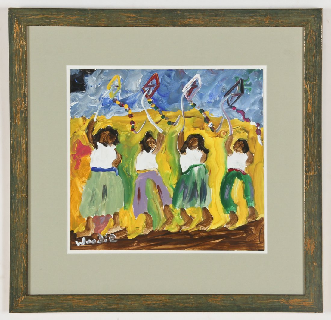 Woodie Long (American, 1942-2009) 4 Kids with Kites: Woodie Long (American, 1942-2009) 4 Kids with Kites, tempera painting on paper. Size: 12.25" x 13.25", 31 x 34 cm (sheet); 20.5" x 21", 52 x 53 cm (frame). Proceeds from the sale of this item to benef
