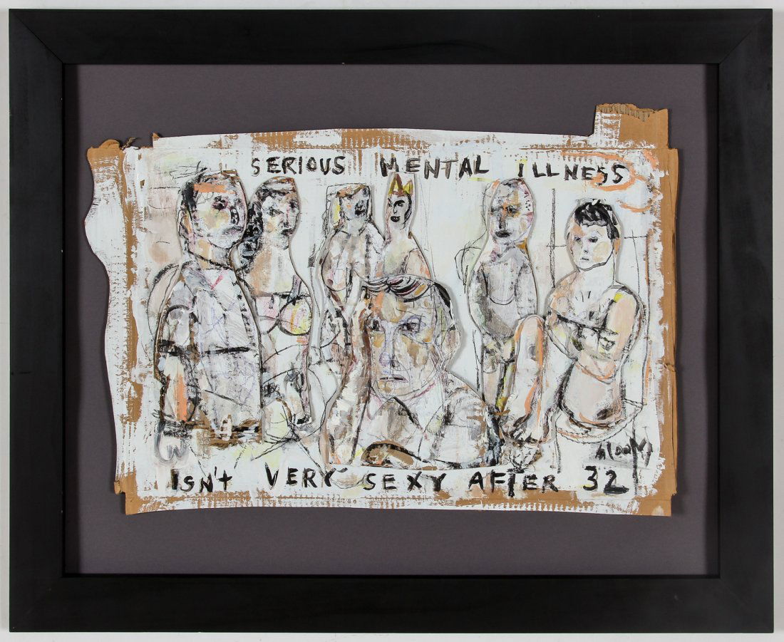 Jim Bloom (American, b. 1968) Painting: Jim Bloom (American, b. 1968) Serious Mental Illness Isn't Very Sexy After 32, mixed-media painting on cardboard. Size: 19" x 28", 48 x 71 cm (irregular object); 28.75" x 36", 73 x 91 cm (frame). Proc