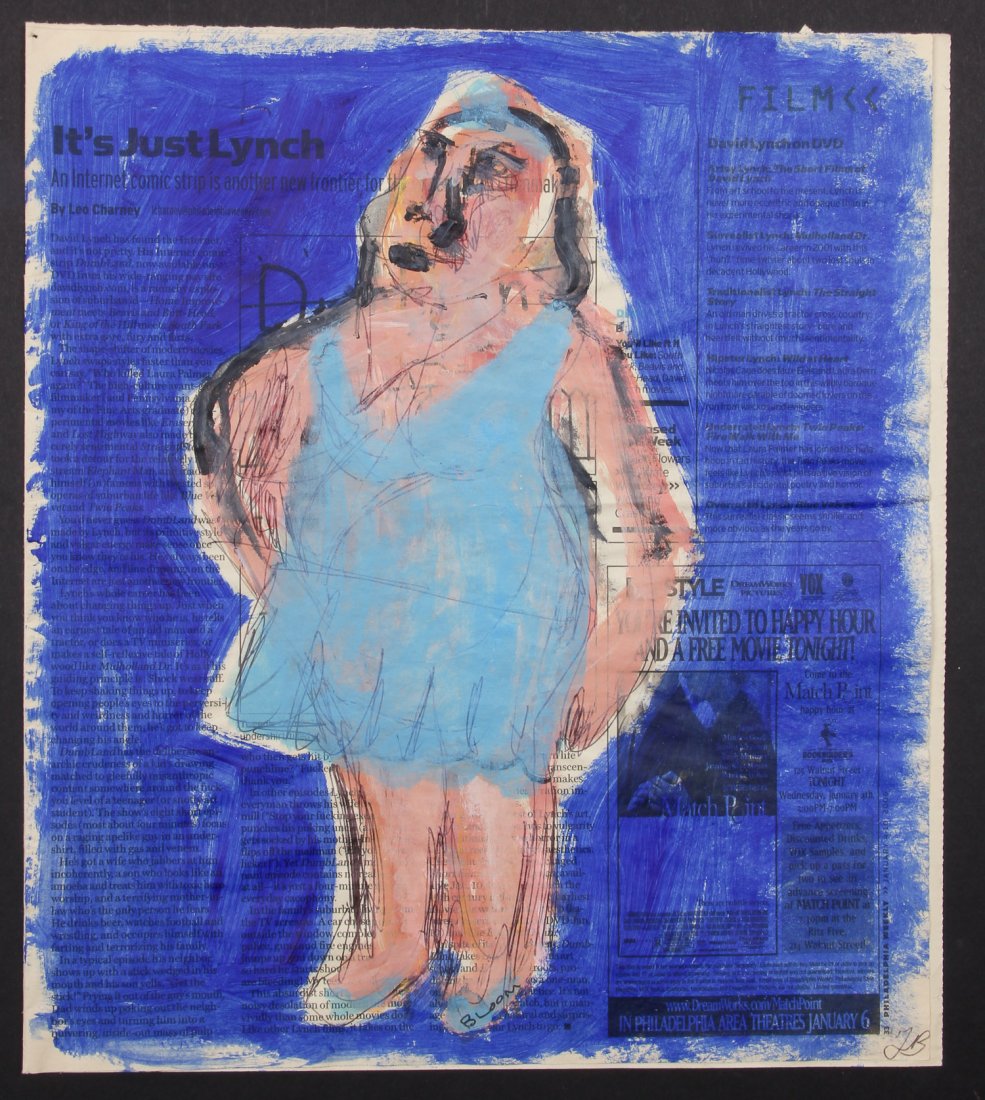 Jim Bloom (American, b. 1968): Jim Bloom (American, b. 1968) Mixed media painting on newspaper. Size: 12.5" x 11", 32 x 28 cm (sheet).