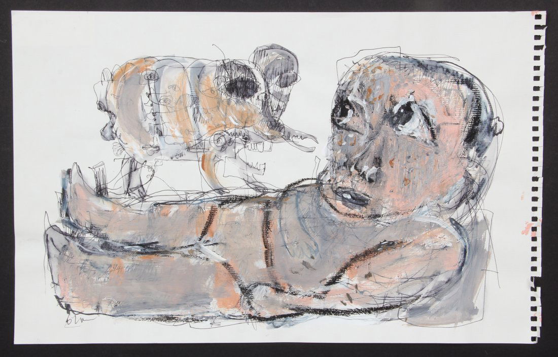 Jim Bloom (American, b. 1968): Jim Bloom (American, b. 1968) Mixed media painting on paper. Size: 11" x 17.5", 28 x 44 cm (sheet).