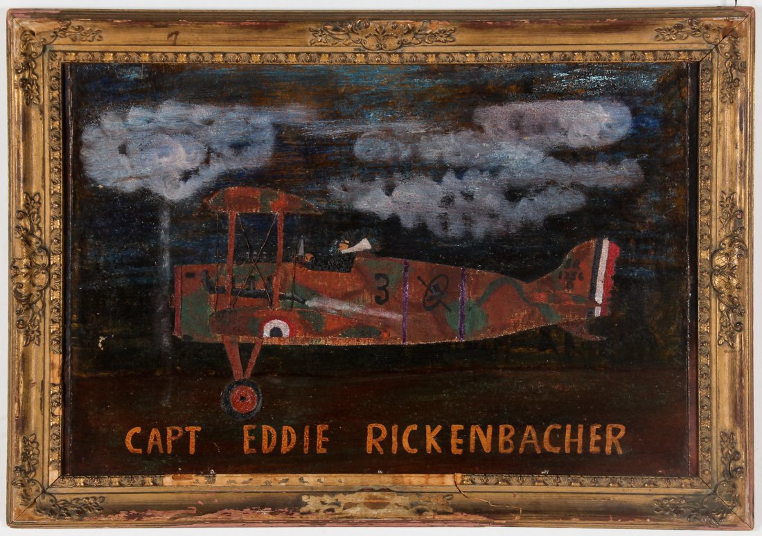 Mixed-media Painting of Capt Eddie Rickenbacher: Mixed-media Painting of Captain Eddie Rickenbacher, Racecar Driver turned WWI ace pilot. Size: 24" x 36", 61 x 91 cm (board); 29" x 41.25", 74 x 105 cm (frame). Proceeds from the sale of this item to 