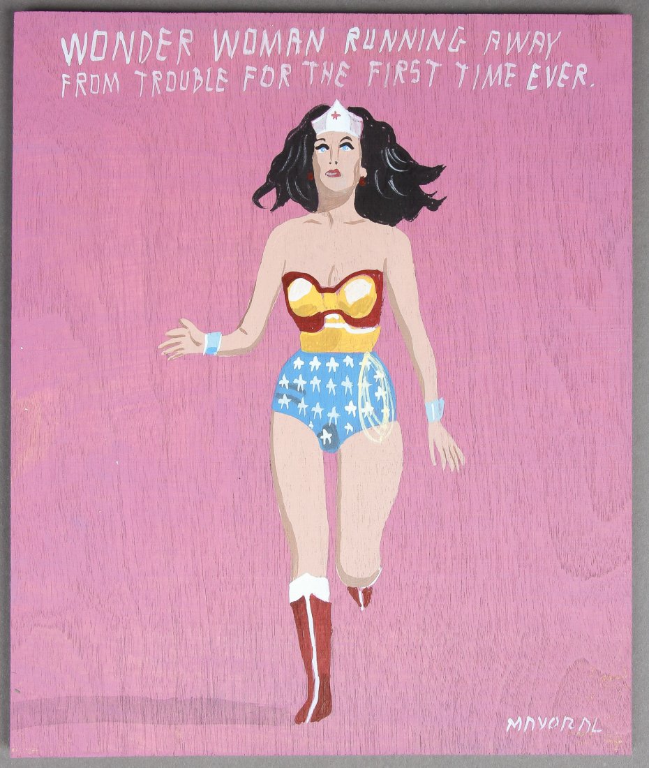 Javier Mayoral (American, 20th c.) "WONDER WOMAN: Javier Mayoral (American, 20th c.) "WONDER WOMAN RUNNING AWAY FROM TROUBLE FOR THE FIRST TIME EVER". Painting on board, signed front and back. Size: 9.5" x 8" (24 x 20 cm).