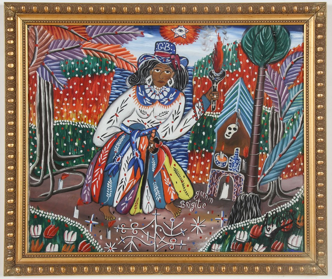 Andre Pierre (Haitian) Painting of Maman Brijit: Andre Pierre (Haitian/Port-au-Prince, 1916-2005) Maman Brijit, oil painting on canvas. Size: 20" x 24", 51 x 61 cm (stretcher); 23.25" x 27", 58 x 69 cm (frame).