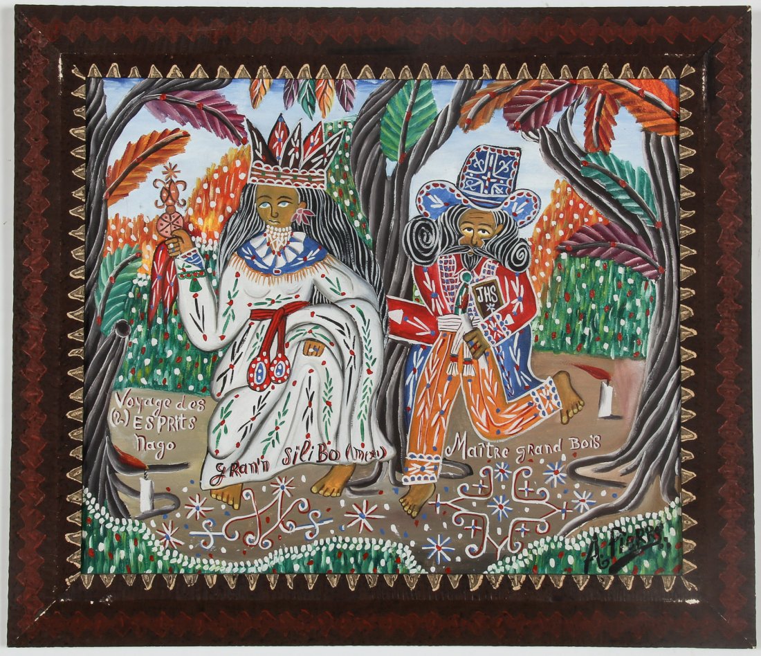 Andre Pierre (Haitian) Painting of Gran Bwa and Silibo: Andre Pierre (Haitian/Port-au-Prince, 1916-2005) Gran Bwa and Silibo, oil painting on canvas. Size: 20" x 24", 51 x 61 cm (stretcher); 25.25" x 29.25", 64 x 74 cm (frame).