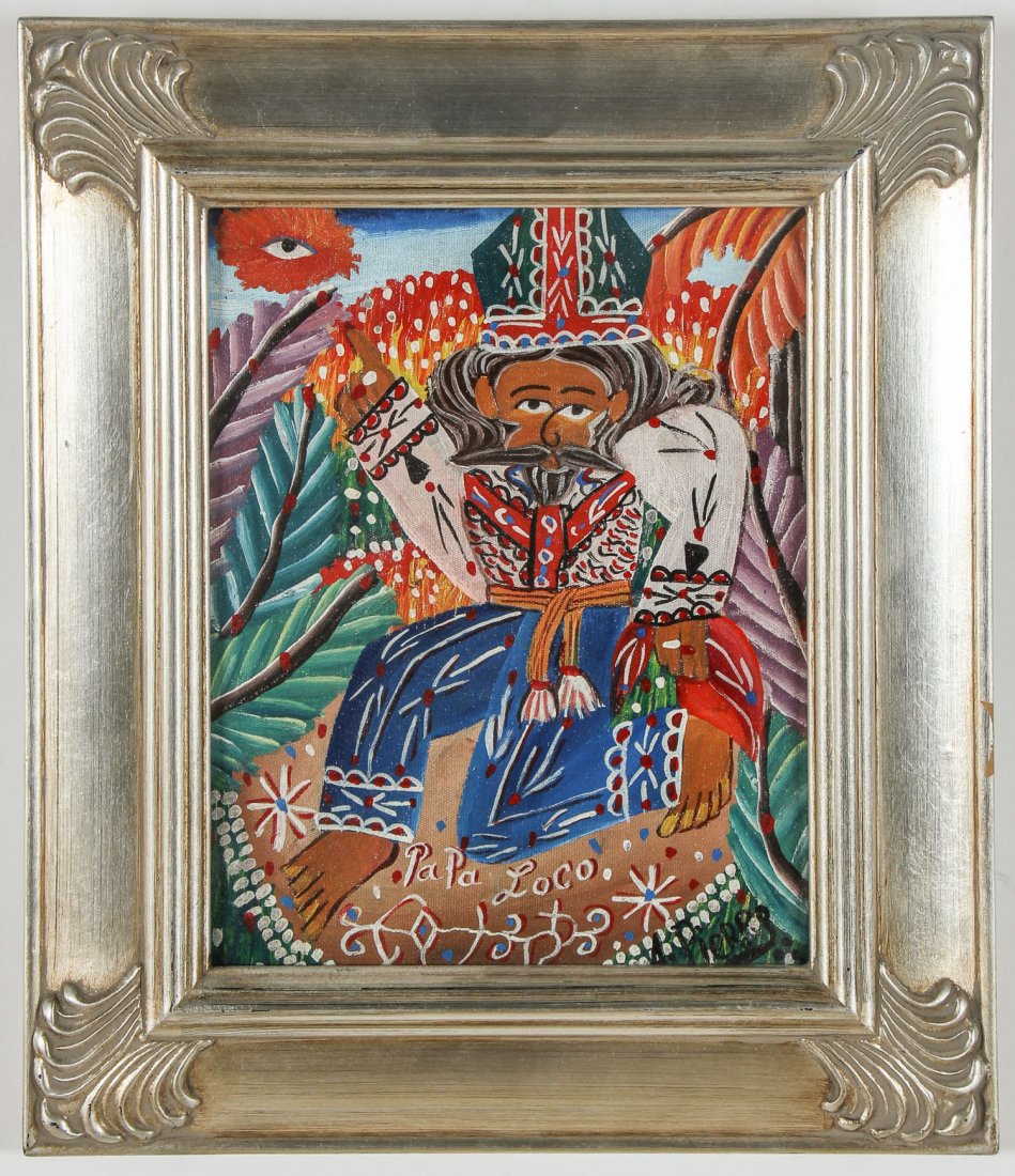 Andre Pierre (Haitian) Painting of Papa Loko: Andre Pierre (Haitian/Port-au-Prince, 1916-2005) Papa Loko, oil painting on canvas. Size: 10" x 8", 25 x 20 cm (stretcher); 14.25" x 12.25", 36 x 31 cm (frame).
