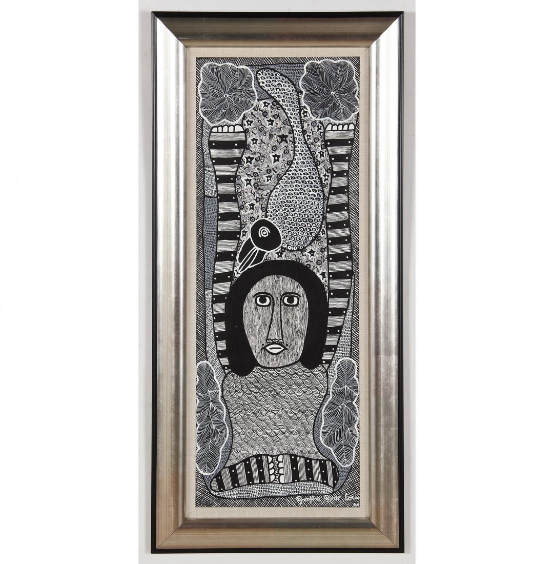 Prosper Pierre-Louis (Haitian, 20th c.) Painting: Prosper Pierre-Louis (Haitian, 20th c.) Painting Figure with Bird, 1991. Size: 32" x 12", 81 x 30 cm (canvas); 38" x 18", 97 x 46 cm (frame).