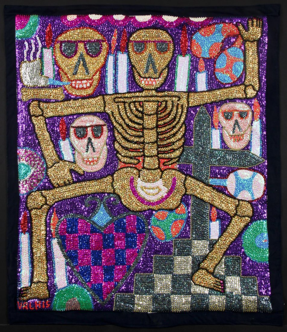 Georges Valris (Haiti, b. 1953) Vodou Flag: Georges Valris- Skeleton. Haitian Vodou flag, sequins on fabric. From the collection of Dr. Jacques Bartoli. Size: 41" x 35" (104 x 89 cm).