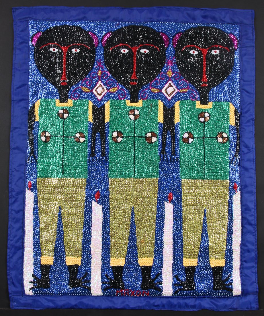 Maxon Scylla (Haiti) Vodou Flag: Maxon Scylla- Marassa Twa, patrons of children and healing. Haitian Vodou flag, sequins on fabric. From the collection of Dr. Jacques Bartoli. Size: 41.5" x 34" (105 x 86 cm).