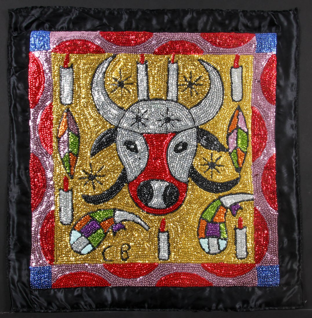Haitian Vodou Flag: Atelier of Clotaire Bazille-Bossou: Atelier of Clotaire Bazille-Bossou, the bull, signifying earth, strength and life force. Haitian Vodou flag, sequins on fabric. From the collection of Dr. Jacques Bartoli. Size: 34" x 33" (86 x 84 cm)