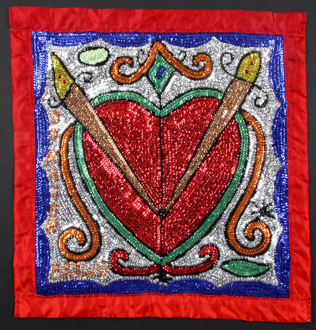 Veve Haitian Vodou Flag: Veve (geometric symbol) for Danthor (Dantor). Labeled ARTWG (probably Art, WG). Haitian Vodou flag, sequins on fabric. From the collection of Dr Jacques Bartoli. Size: 26" x 24.5" (66 x 62 cm).
