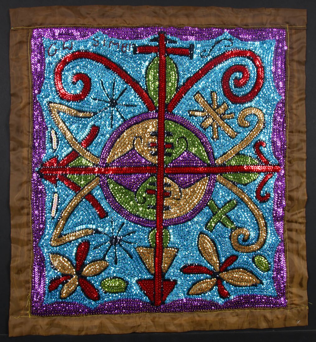 Veve Haitian Vodou Flag: Veve (geometric symbol) for Simbi, spirit of fresh water, electricity. Haitian Vodou flag, sequins on fabric. From the collection of Dr Jacques Bartoli. Size: 29" x 26.5" (74 x 67 cm).