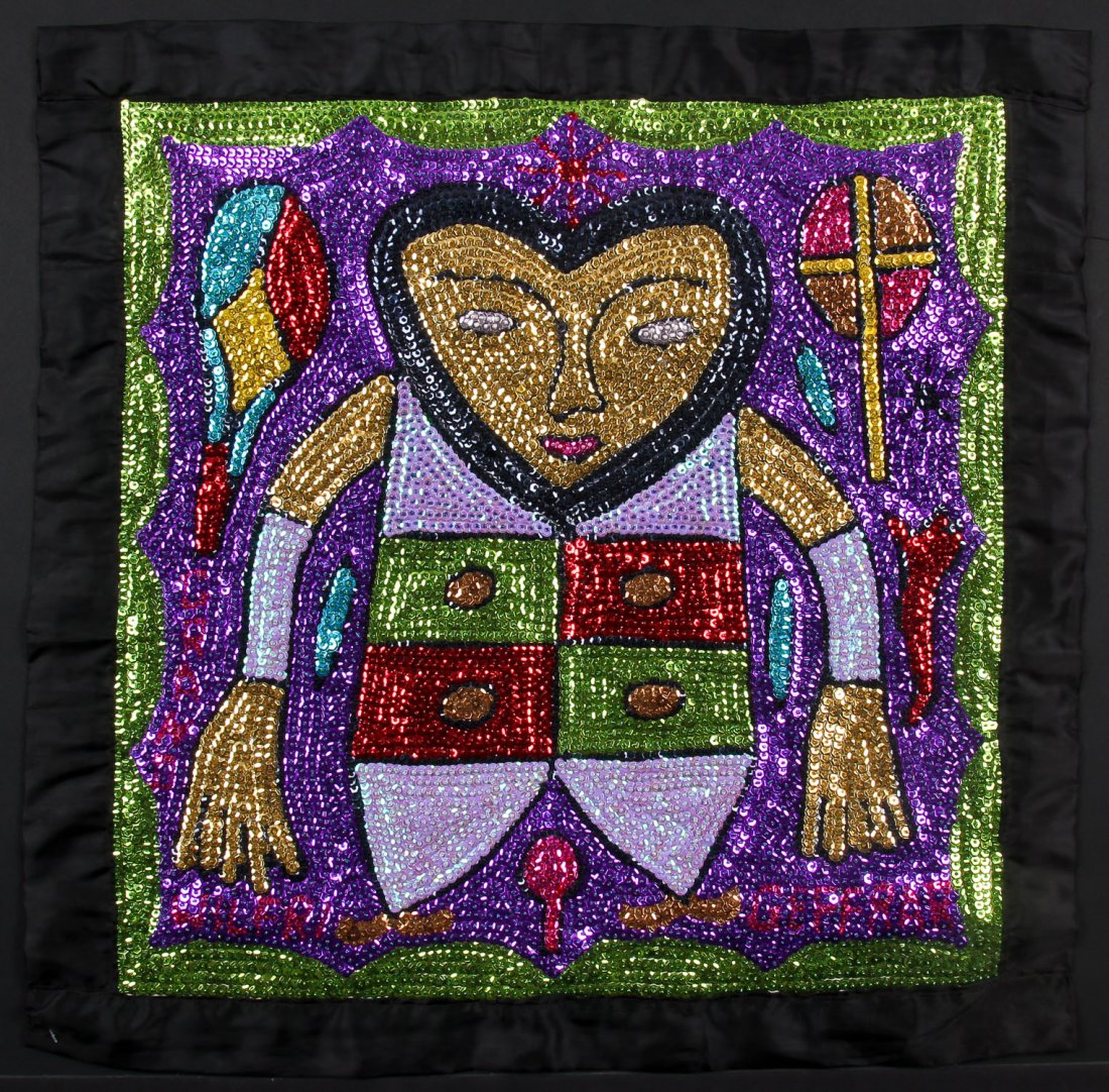 Haitian Vodou Flag: Gran Bwa: Gran Bwa (old spirit of the forest). Haitian Vodou flag, sequins on fabric. Made by Wilfrid Geffrar. Size: 26" x 26.5" (66 x 67 cm). From the collection of Dr Jacques Bartoli.