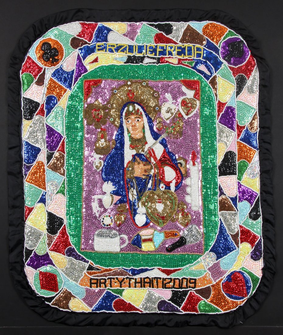 Yves Telemaque (Haiti) Vodou Flag: Yves Telemaque- Erzulie Freda, patron saint of love and femininity. From the collection of Nancy Josephson. Size: 39" x 32.5" (99 x 83 cm).