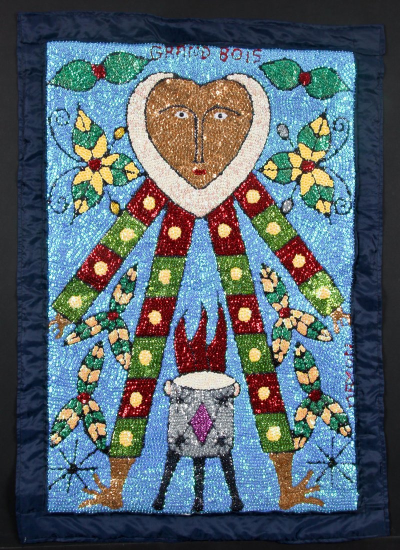 Maxon Scylla (Haiti) Vodou Flag: Maxon Scylla- Grand Bois, patron of the forest, old spirit of the earth. Haitian Vodou flag, sequins on fabric. From the collection of Dr. Jacques Bartoli. Size: 32" x 32" (81 x 81 cm).Size: 39" x 27.