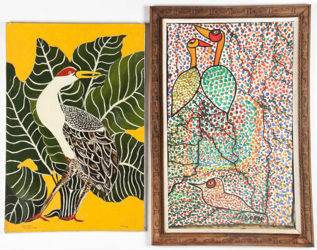 Two Haitian Paintings of Birds: Two Haitian Paintings of Birds, oil on canvas: 1 by Toussaint St. Pierre (Haitian, 1923-1985) and 1 signed Duncan (20th c.). Size: 36" x 24", 91 x 61 cm each.