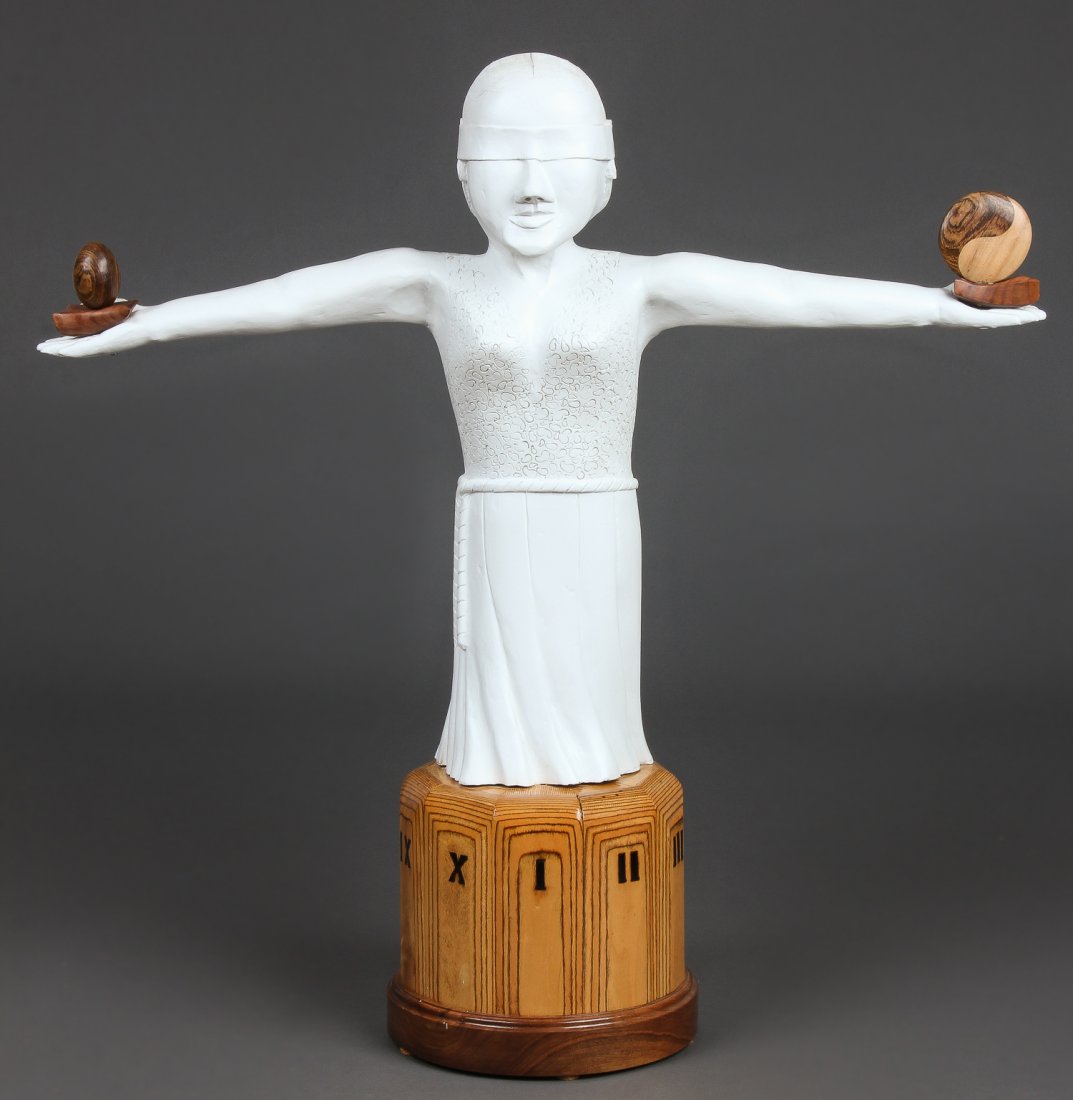 John J. Stanko (American, 1925-2014) Sculpture: John J. Stanko (American, 1925-2014) Sculpture, Blindfolded Woman, carved wood, paint. Size: 33" x 33" x 10" (84 x 84 x 25 cm). Provenance: estate of the artist. The sale debuts the work of a newly-di