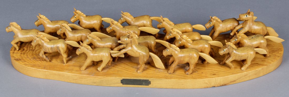 John J. Stanko (American, 1925-2014) Sculpture: John J. Stanko (American, 1925-2014) Sculpture, Herd of Horses, carved wood. Size: 6" x 29" x 8.5" (15 x 74 x 22 cm). Provenance: estate of the artist. The sale debuts the work of a newly-discovered s