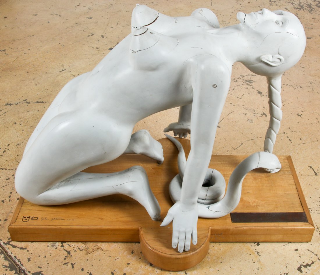 John J. Stanko (American, 1925-2014) Sculpture: John J. Stanko (American, 1925-2014) Sculpture, Venus with Snake, carved wood, paint, splits. Size: 36" x 48" x 29" (91 x 122 x 74 cm). Provenance: estate of the artist. The sale debuts the work of a 